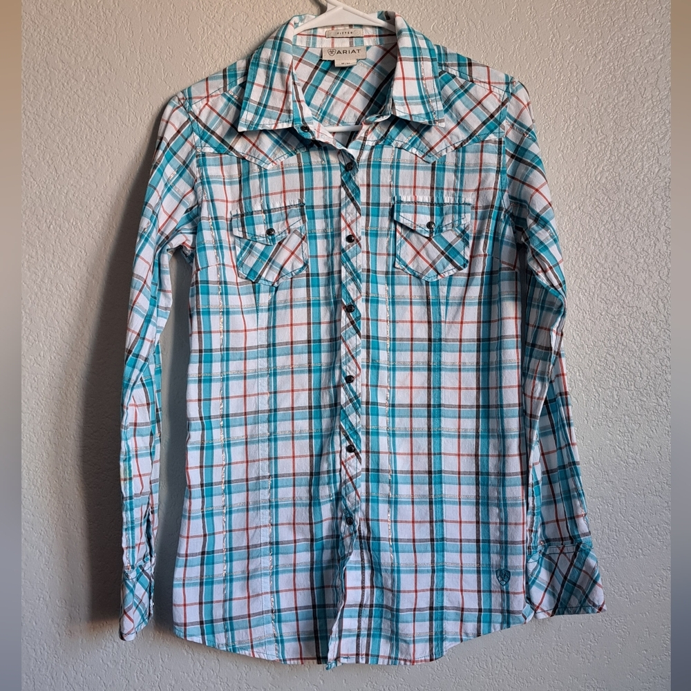 Ariat Western Blue Plaid Cotton Metallic Button Down Longsleeve Size Medium